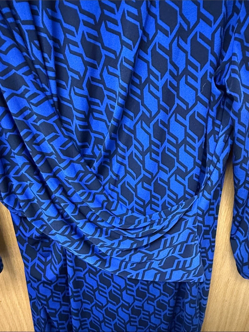 Michael Kors Royal Blue and Black Geometric Long-Sleeve Draped Waist Dress XL